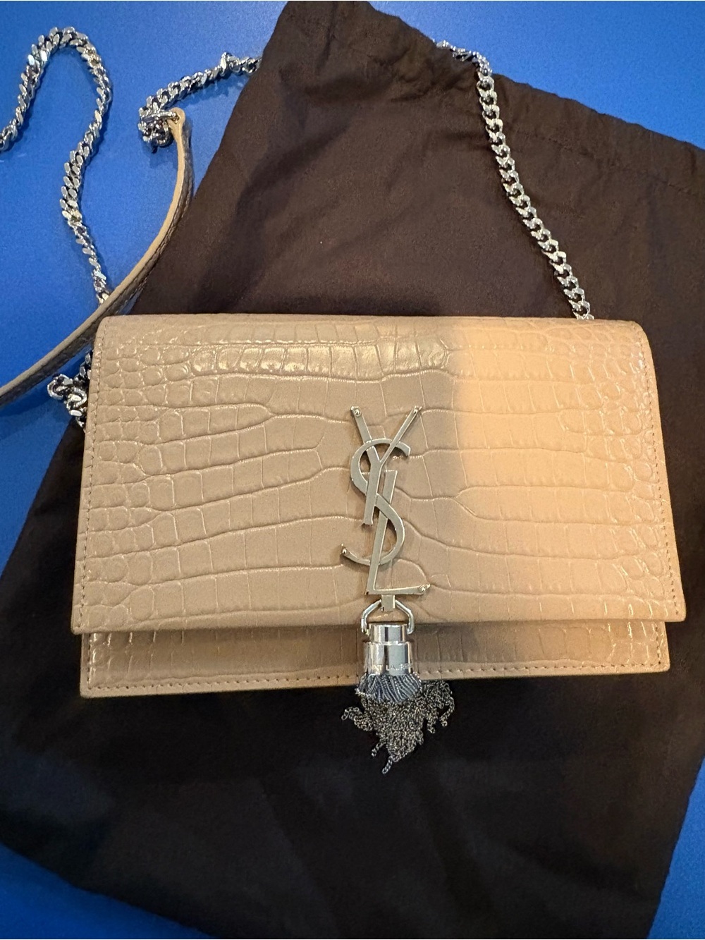 Saint Laurent Beige Croc-Embossed Tassel Monogram Clutch